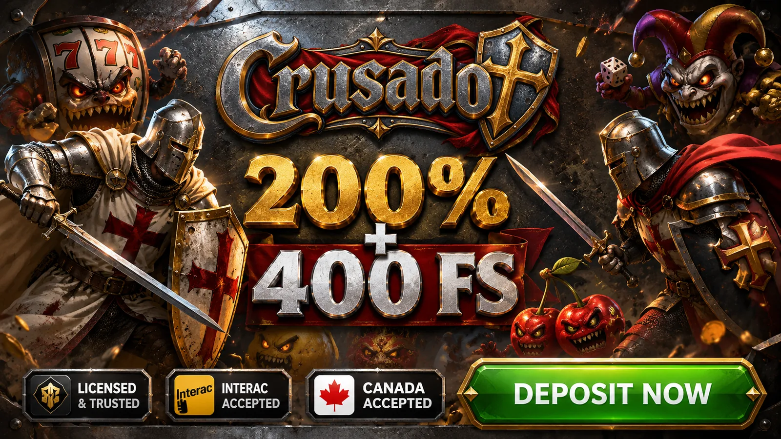 Crusado Casino welcome offer banner: 200% up to C$2,000 plus 400 free spins